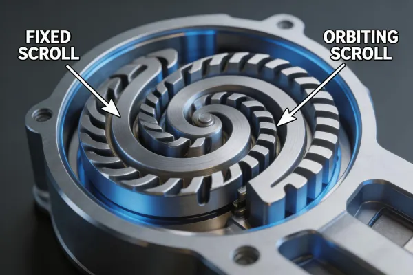Scroll compressor cutaway showing involute geometry